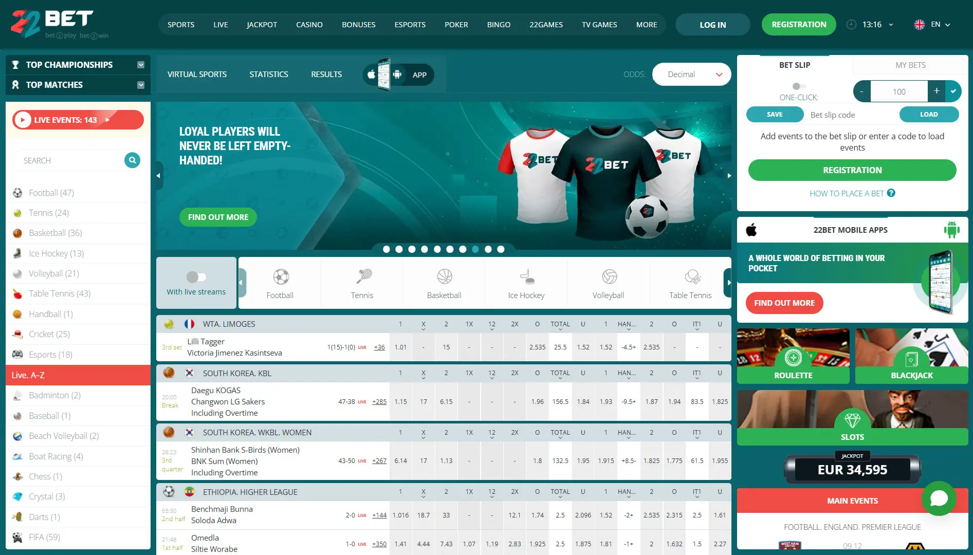 22Bet Sportsbook Offering