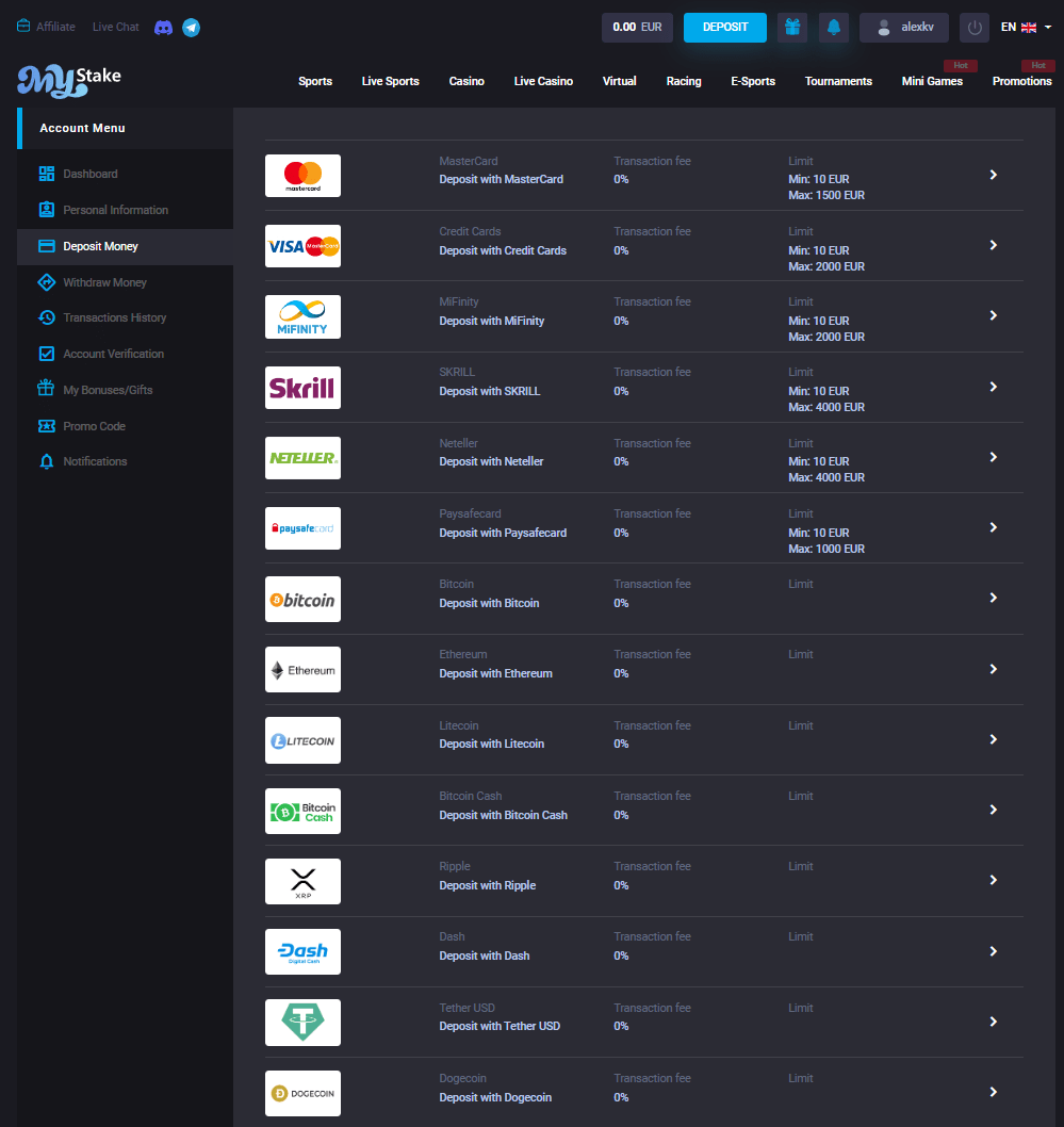 MyStake deposit options