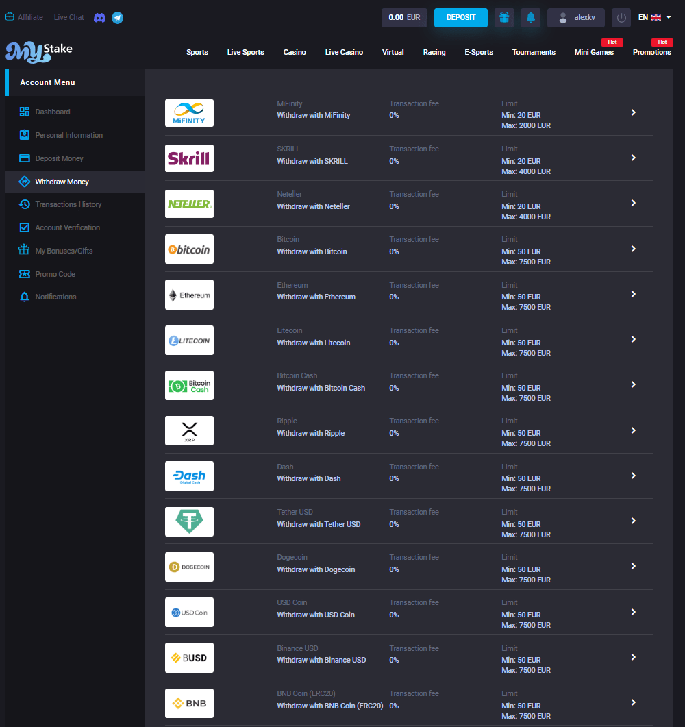 MyStake withdrawal options